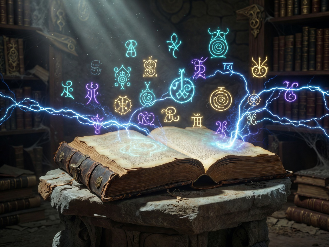 An ancient spell book with floating magical symbols and arcane energy