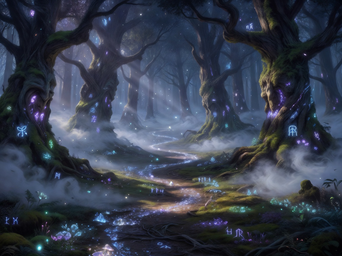 An enchanted forest with glowing runes, mystical pathways, magical trees, and fog