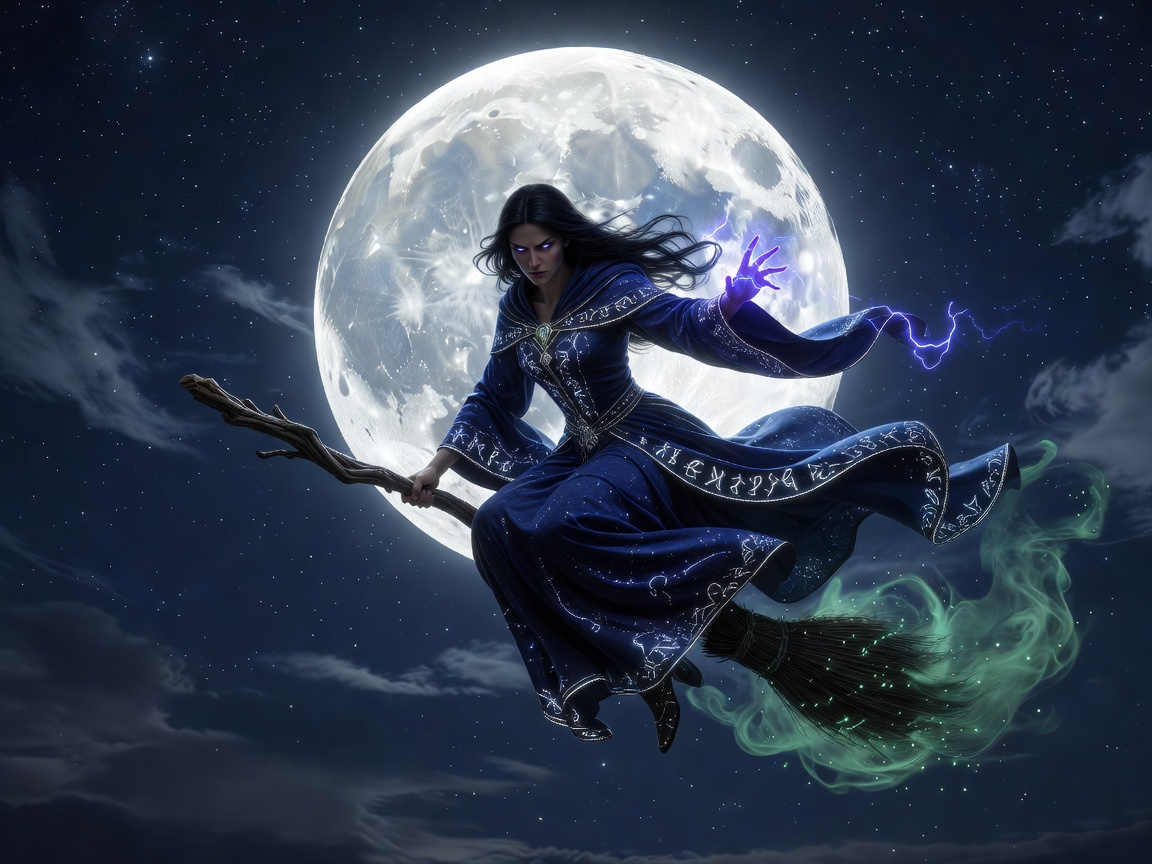 A powerful witch flying on an animated broom beneath a giant full moon