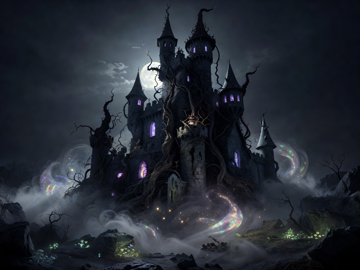 A witch castle or magical tower illuminated by moonlight and surrounded by fog