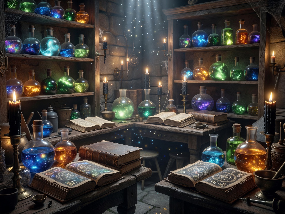 A magical potion laboratory with glowing potions, candles, and spell books